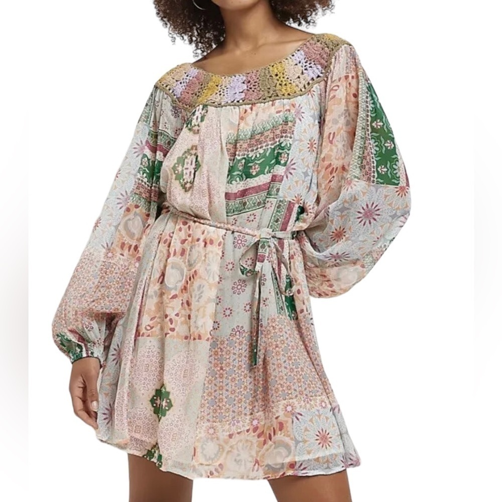 NWT River Island Quilted Neckline Mixed Print Cottage Core Mini Dress